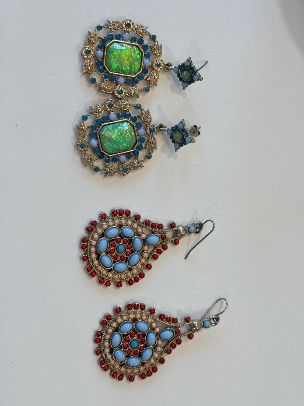 2 Pair Boho Statement Earrings Blue Red Iridescent Costume Jewelry